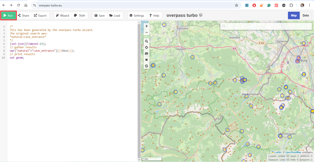Open street map results for caves to explore